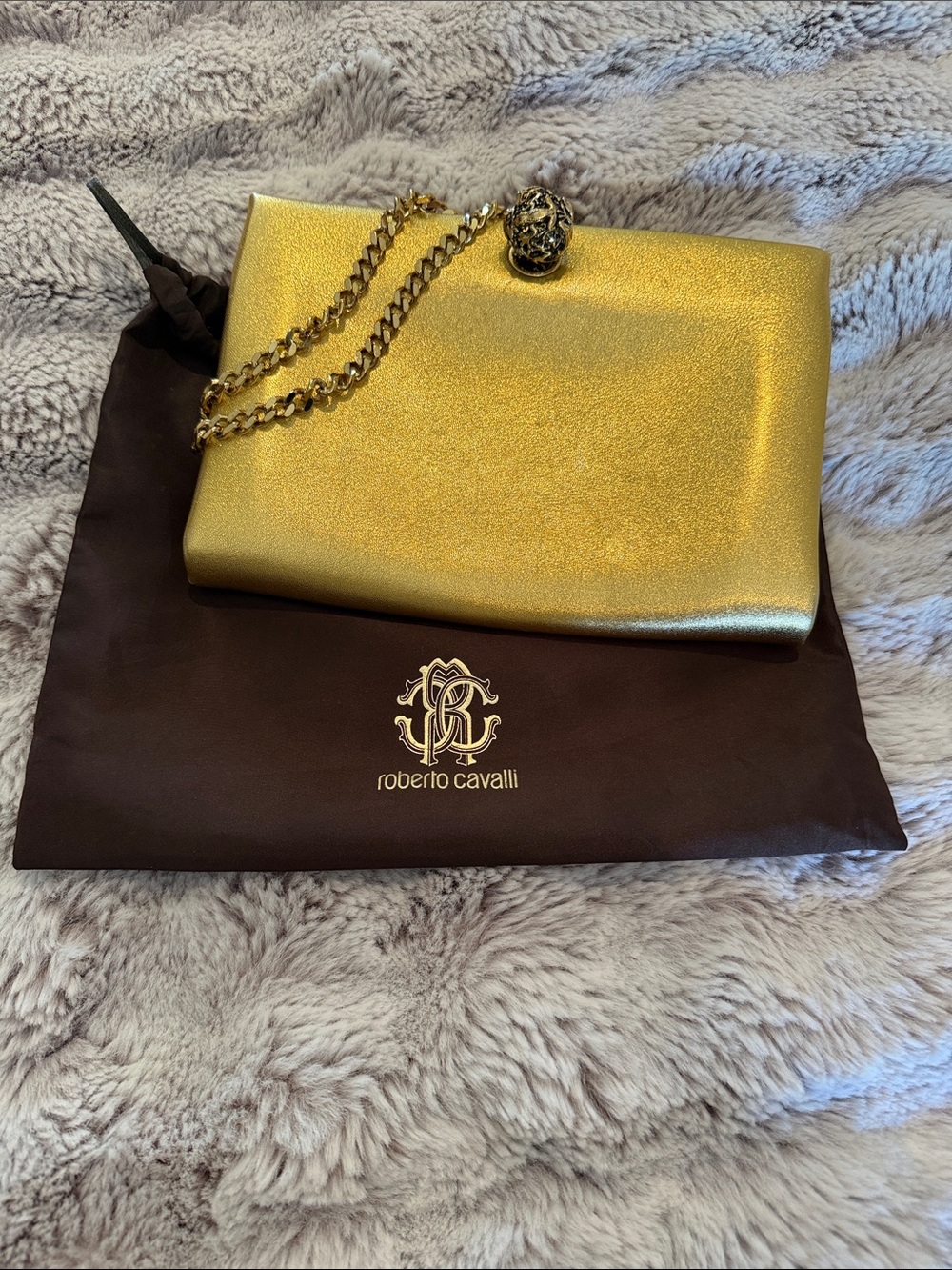 Roberto Cavalli Metallic Gold Chain Wristlet with Medallion